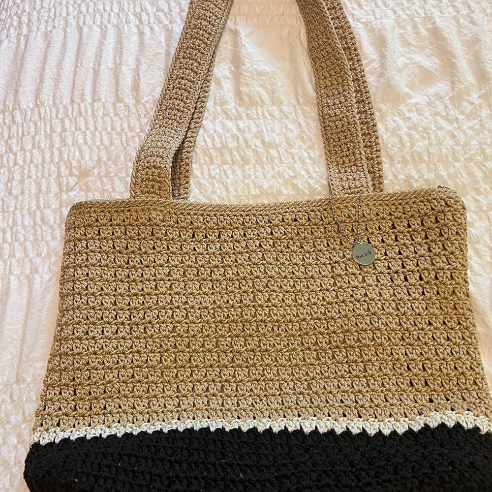 The Sak Tan and Black Crochet Tote Bag